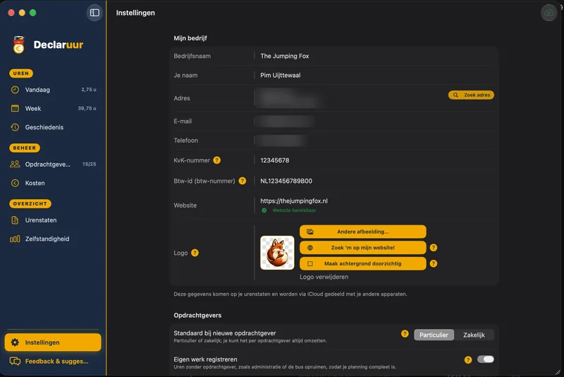 Mijn bedrijf: gegevens en logo, met controle op KvK, btw-nummer en website.