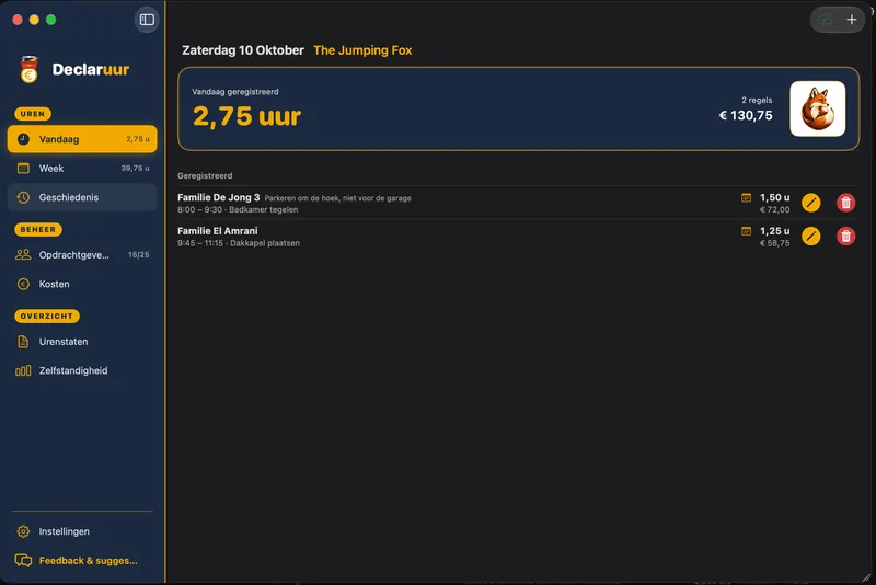 Vandaag: totaal aantal uren en bedrag, met je logo.