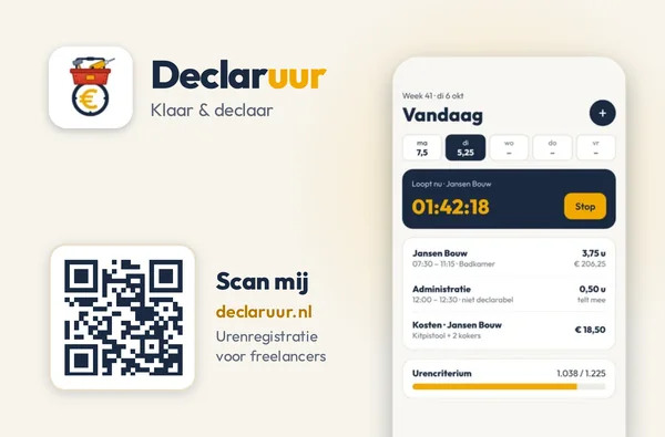 Tył wizytówki: Declaruur, Klaar & declaar, z kodem QR do declaruur.nl