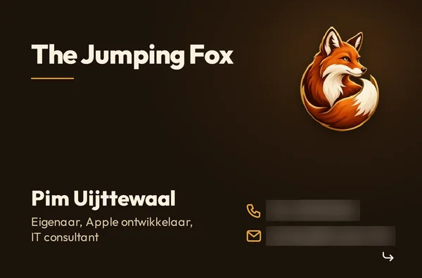 Przód wizytówki: The Jumping Fox, Pim Uijttewaal, właściciel, deweloper Apple i konsultant IT, numer telefonu i adres e-mail rozmyte