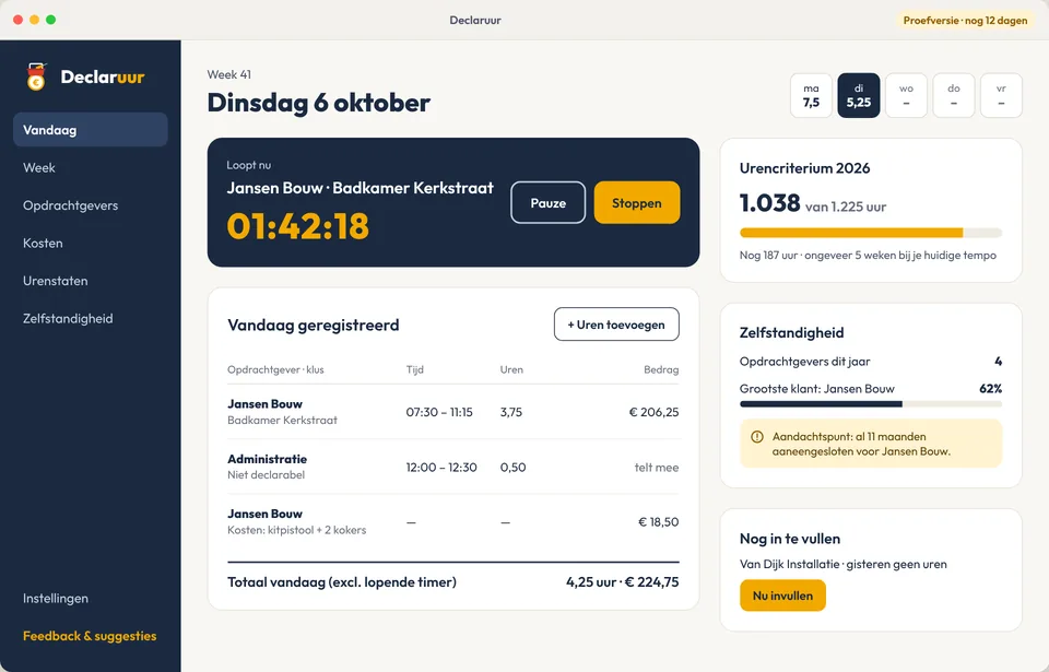 Declaruur op de Mac: timer, de uren van vandaag, urencriterium en zelfstandigheid in één scherm