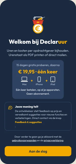 Welkomstscherm van Declaruur: 15 dagen gratis proberen, daarna € 19,95, één keer