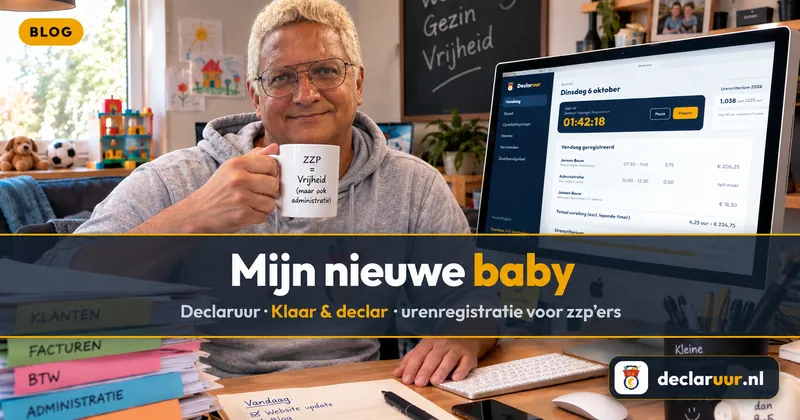 Pim Uijttewaal aan zijn bureau met een mok ‘ZZP = Vrijheid’ en Declaruur op zijn iMac, met de tekst ‘Mijn nieuwe baby’