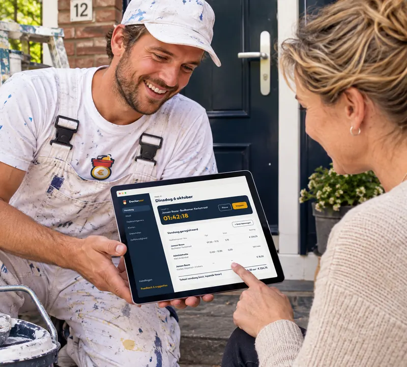Schilder in witte overall laat een klant op zijn iPad meekijken naar de geregistreerde uren
