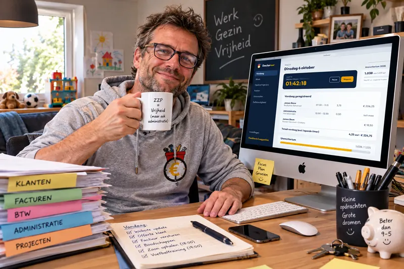 Zzp’er in een Declaruur-trui met een mok koffie aan zijn bureau, met Declaruur op zijn iMac